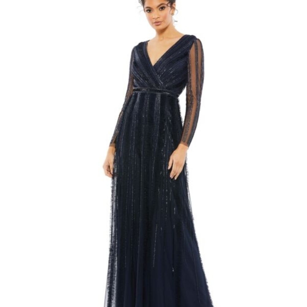 Mac Duggal Navy Beaded V-Neck Long Sleeve Gown